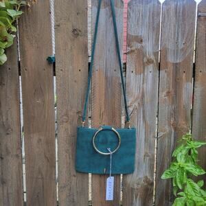 Thacker Teal Leather Pouch Purse with Hammered Gold Ring Handle